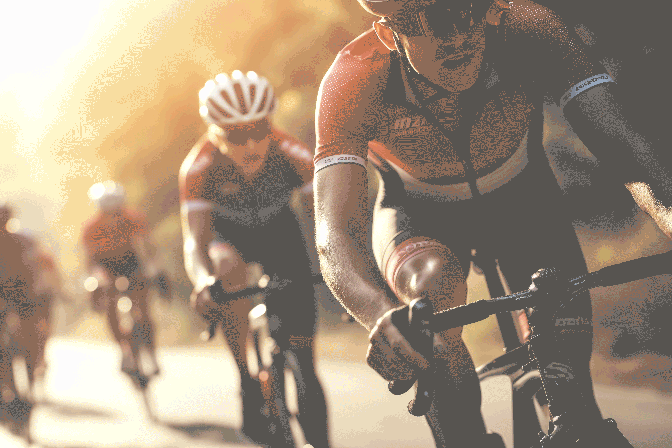 Cyclists riding together in warm evening light