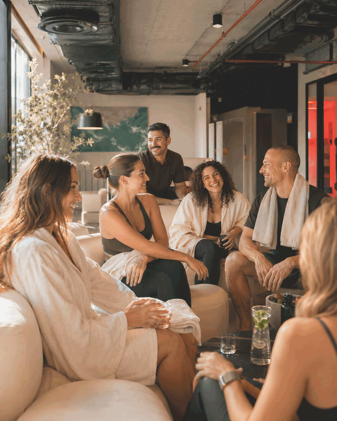 Friends relaxing together in robes after a wellness session